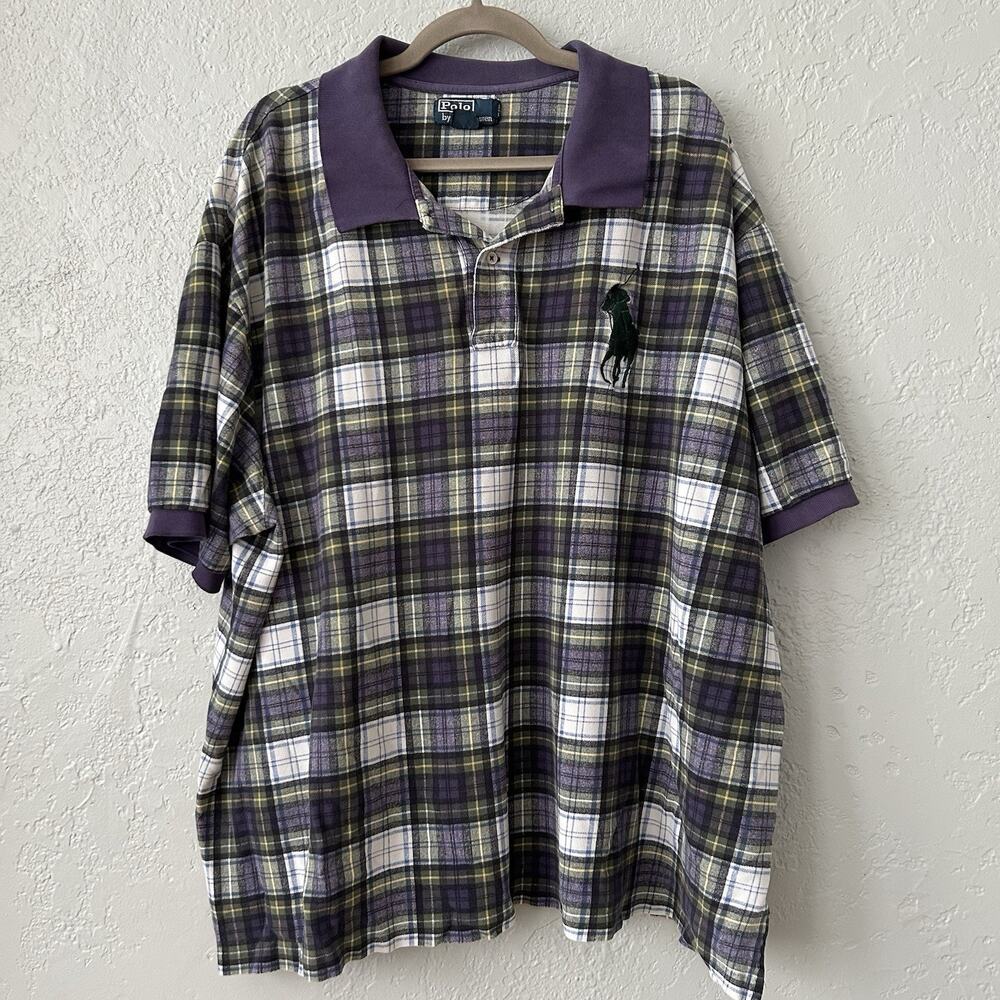 Vintage Polo Ralph Lauren Tartan Plaid Big Pony Pique Polo Shirt Mens 4XB *flaws
